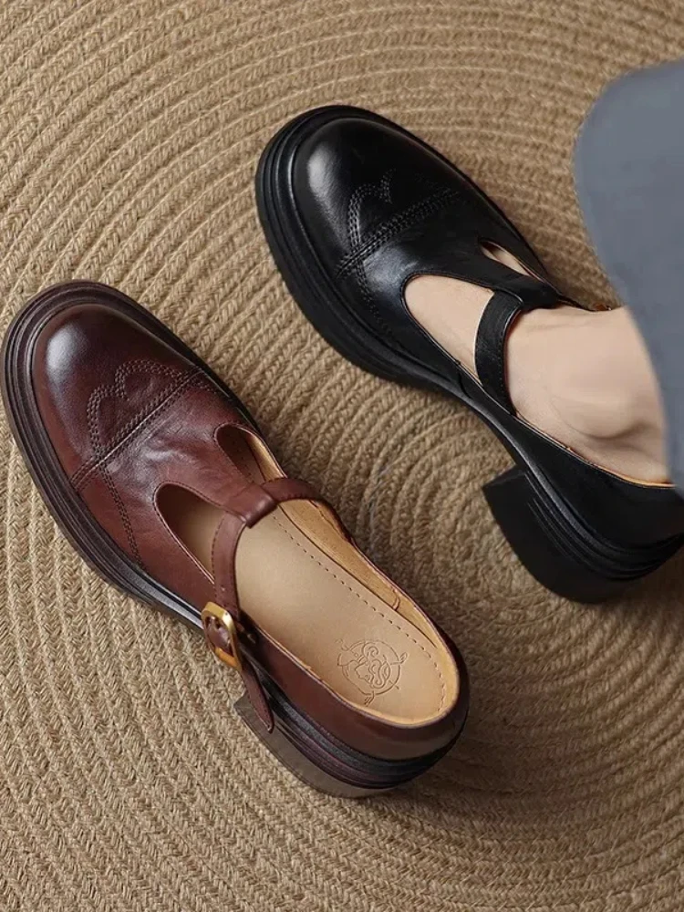 

Waed Cowhide Faionable Thi Heel Mary Janes Women's oes Retro Sle High Heels Comfortable Inner Pig Skin Leather