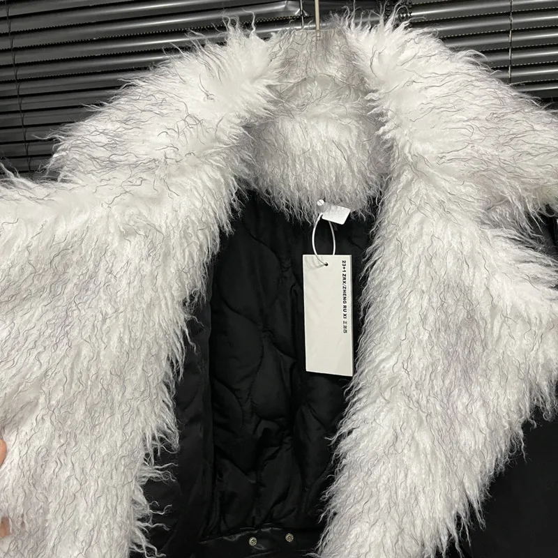 DEAT Women\'s Coat Black Pu Leather Spliced Zipper Loose Faux Fur Collar Thick Female Jackets 2024 Winter New Fashion 11A01604