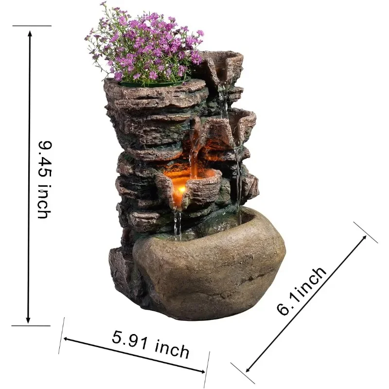 Indoor Fountain 4-Bowl Rockery Soothing Sound Tabletop Fountains Home/Office Decor with a Small Plastic Pot to Grow The Plant