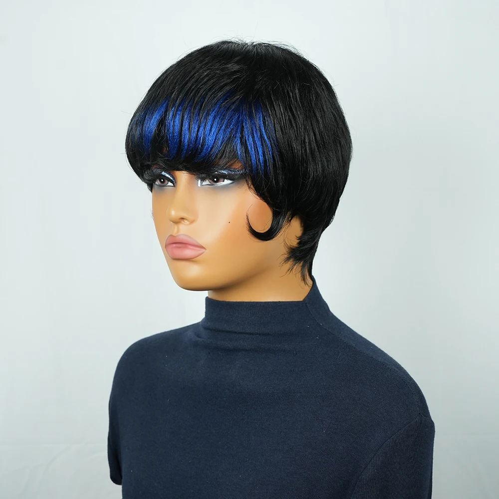 Peruca Curta de Cabelo Humano de 4 Polegadas, Peruca Pixie Cut, Cabelo Brasileiro Liso, Peruca de Cabelo Preto e Azul, Pré-arrancada, Feita à Máquina