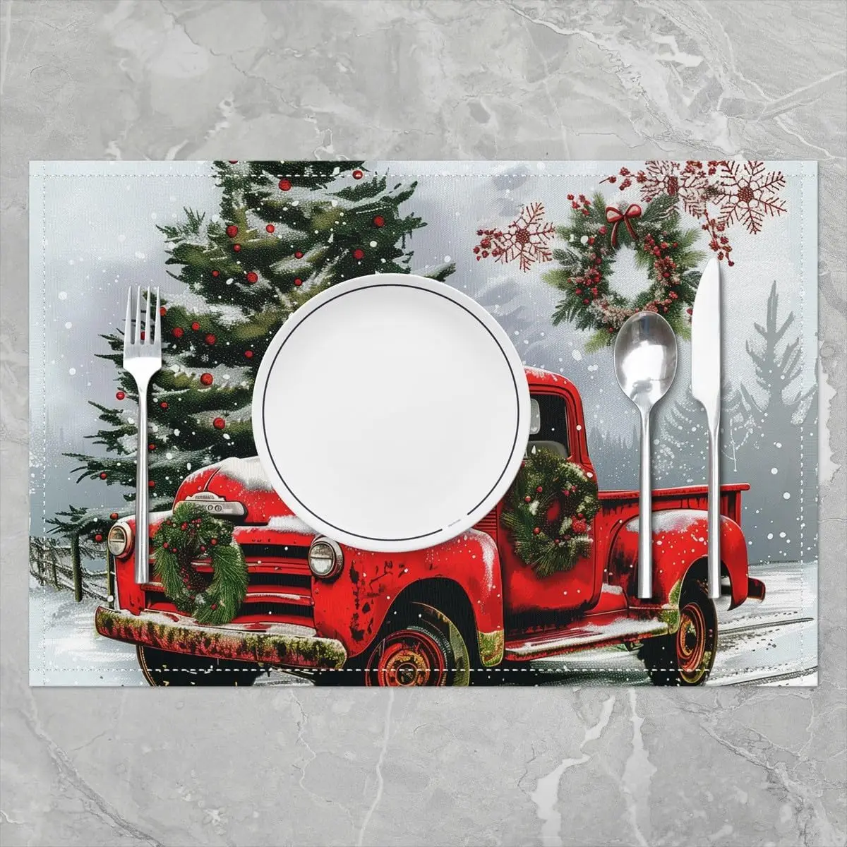 

Christmas Placemats 12x18 Inch Green Xmas Trees Retro Red Truck Table Mats Winter Scenery Rustic Style for Kitchen Dining Table