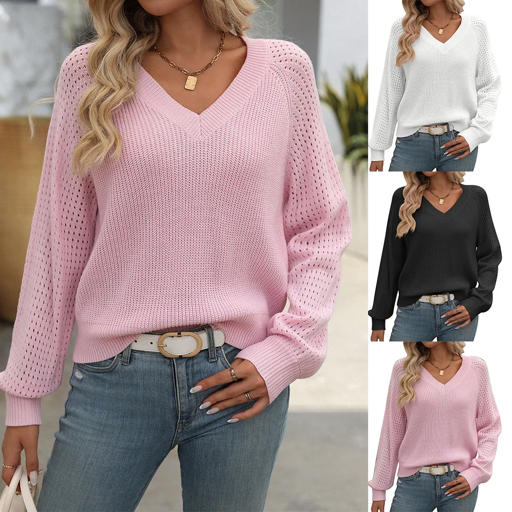 Women\'s Long Sleeve Tops 2024 Spring Autumn New Female Knitted Pullovers Hollow V-neck Sweater For Women Casual Knitwears Tops