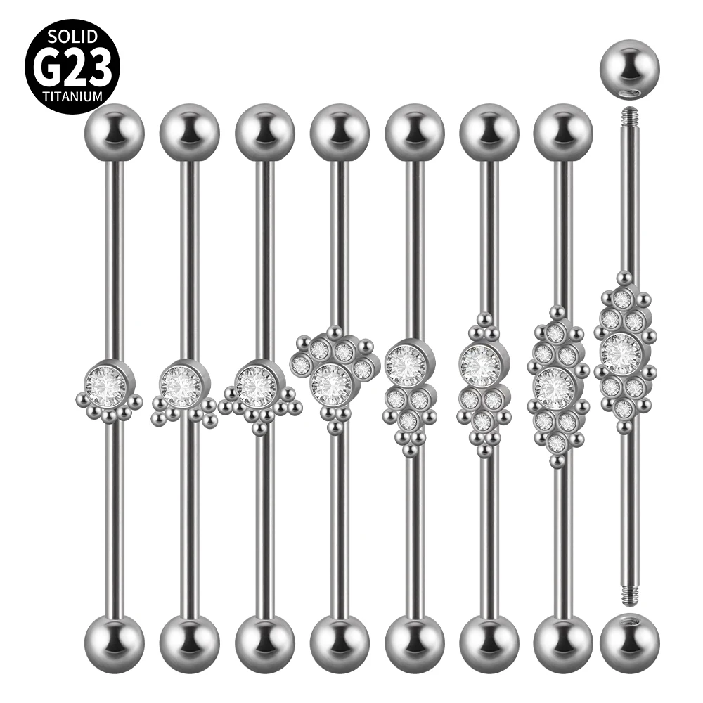 1PC G23 Titanium CZ Ball Industrial Barbell Earrings Piercing Long Bar Tragus Long Ear Stud Helix Conch Ear Piercing Jewelry 14G