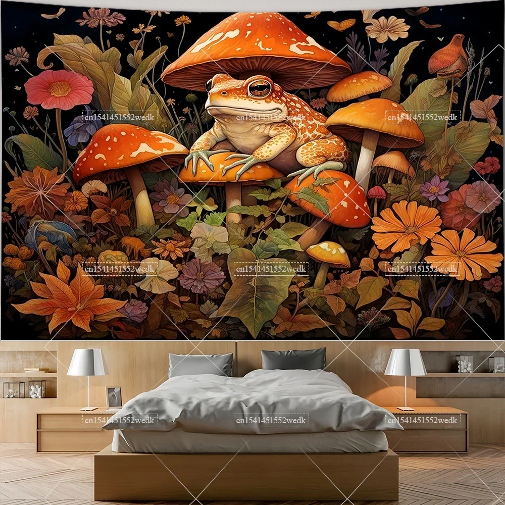 Mushroom Frog Tapestry Wall Hanging Room Deocr Aesthetic Trippy Flowers Landscape Tapestrys Bedroom Background Cloths For Home
