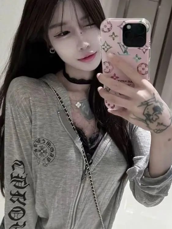 

Серая женская толстовка на молнии с длинным рукавом, в стиле ранней осени, для защиты от солнца, в американском ретро-стиле, для дерзких девушек