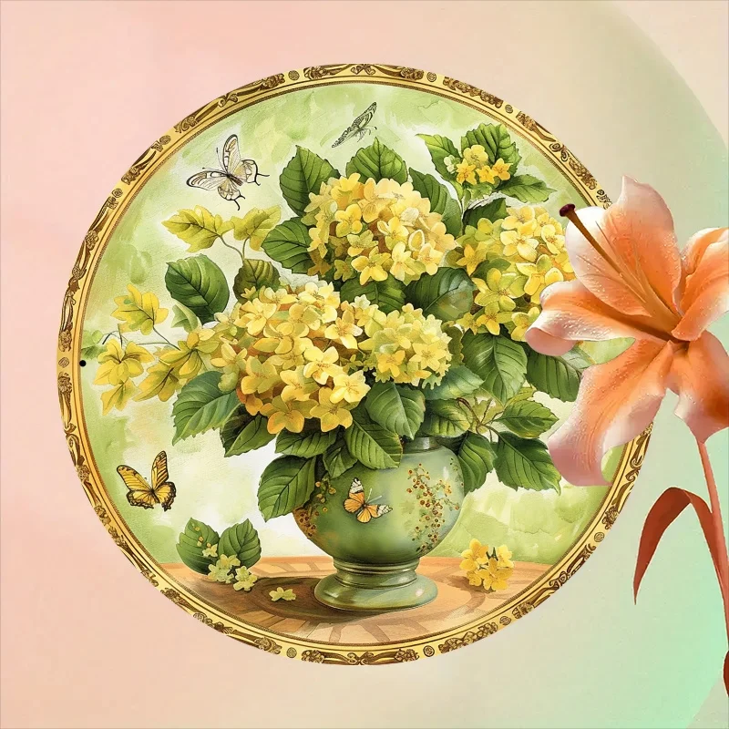 Vintage Daffodil Butterfly Metal Sign 2D Flat Round Aluminum Wall Decor for Home Garden Kitchen