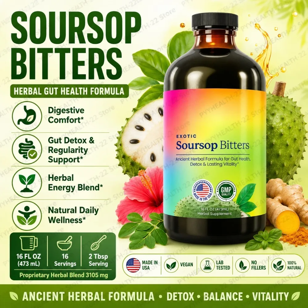Soursop Bitters Liquid 16oz, Organic Guanabana Herbal Blend with Black Seed & Moringa, Vegan for Digestive, Gut Comfort, 473ml