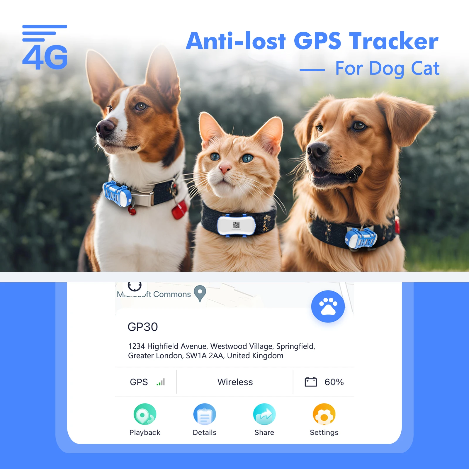 Dog Cat GPS Tracker Smart Light Sound Search Locator Animals Lost Finder Waterproof Tracking Device for Pets with Free Trial