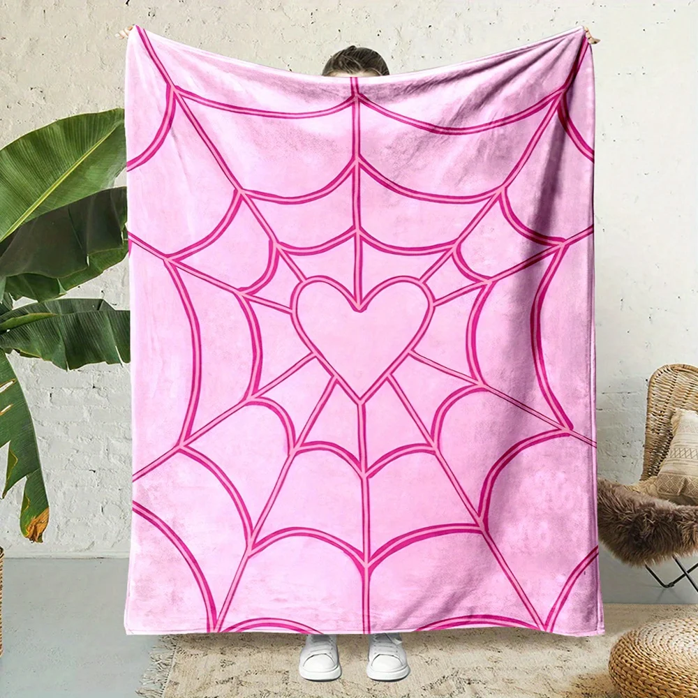 

pink heart spider web design flannel throw blanket, reusable all season cozy cover, polyester, nonwoven, digital print, country