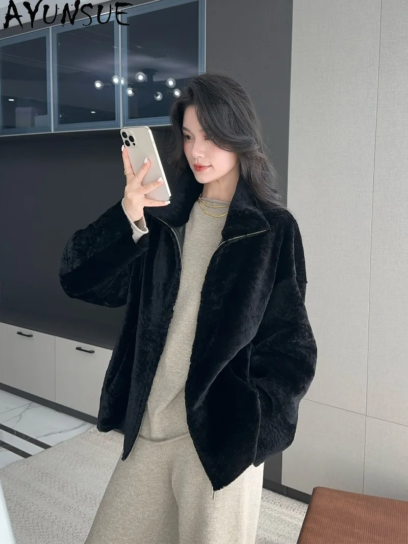 AYUNSUE Womens Merino Genuine Shearling Lamb Fur Coat Female Winter Clothes Luxurious Short Length Clothing fur jacket fashion