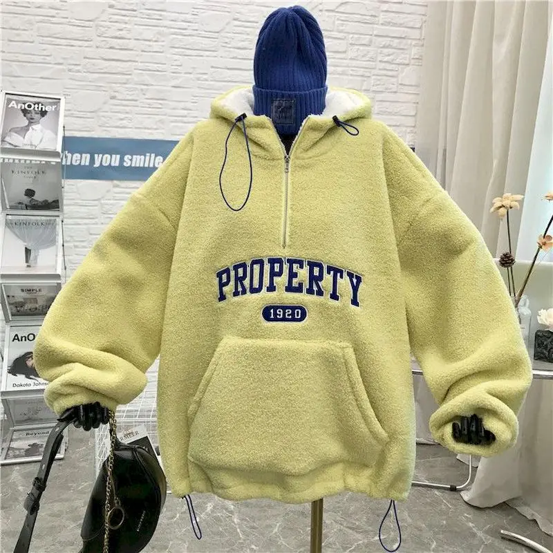 

Lamb Wool Hoodies Women 2024 Autumn Winter Trendy Thicken Hooded Coats Korean Style Loose Zipper Hoodie Kangaroo Pocket Jackets