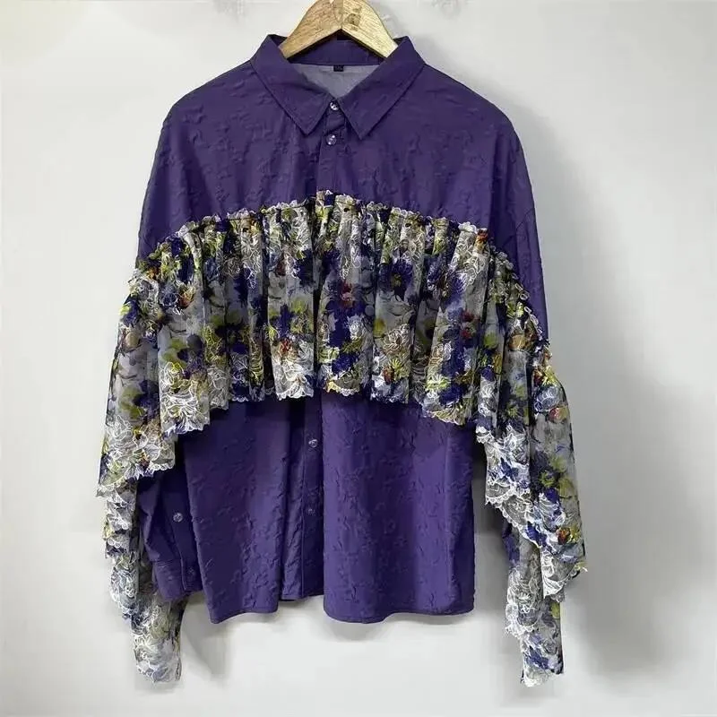 Embossed Pleat Lace Floral Patchwork Ruffle Sleeve Shirt Mens Niche Vintage Spring Autumn Long Sleeve Casual Tops QS3D