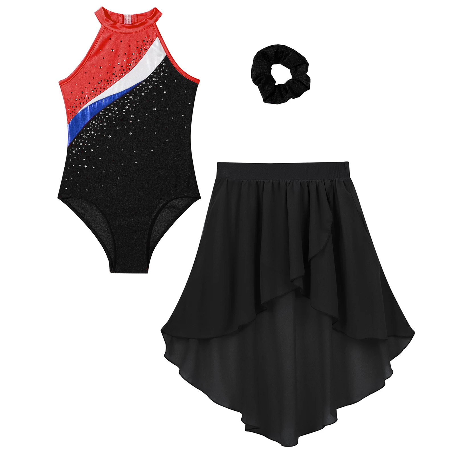 Body da ginnastica per ragazze con strass per bambini Body per pratica di danza classica con gonna Set di cravatte per capelli Pattinaggio di figura Unitard Dancewear