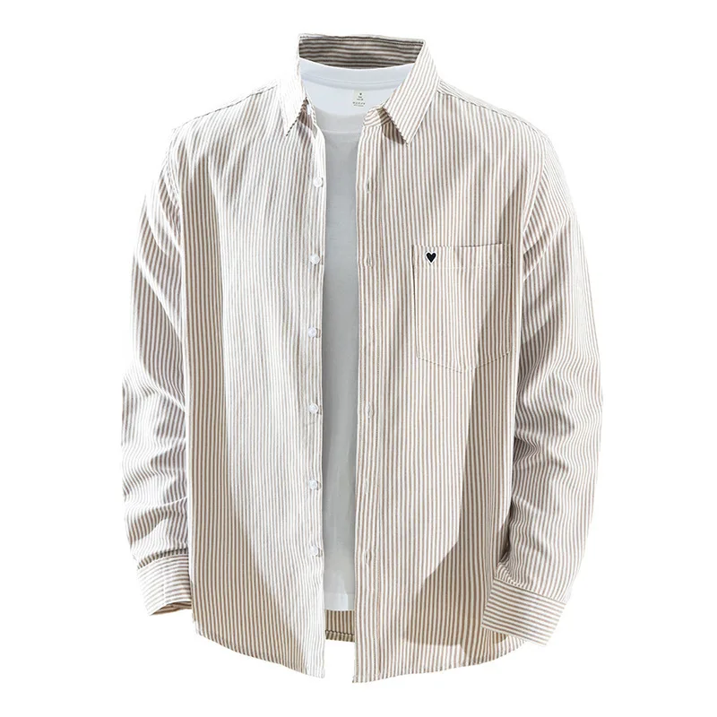Japanese Style Striped Shirt Men Long Sleeve Casual Pure Cotton Oxford Shirts Male Heart Embroidery Shirt Youth Fashion Top New