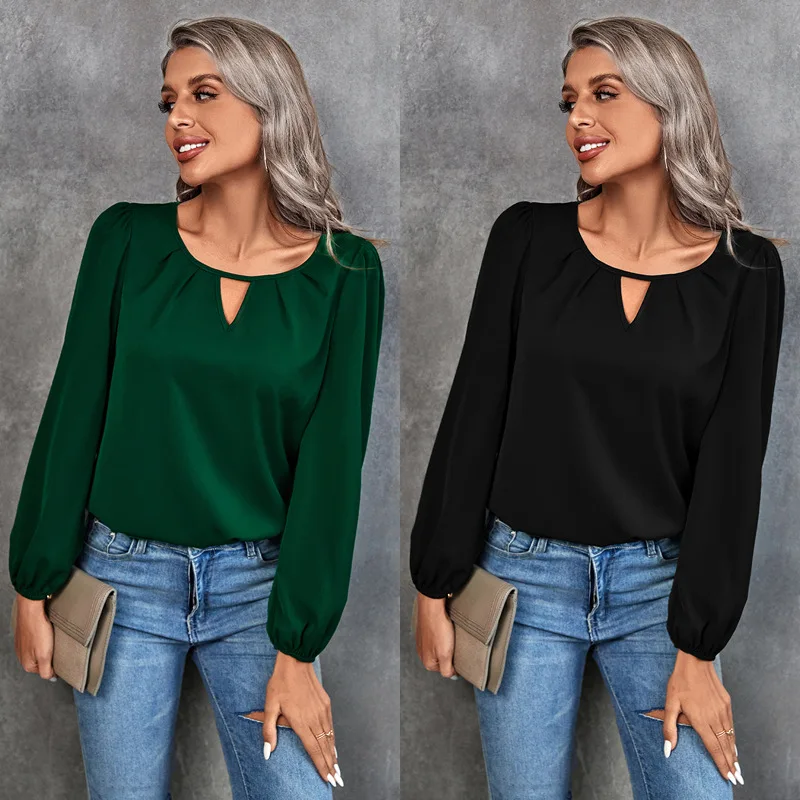 New Spring and Autumn Women's Temperament Commuting Tops Hot Selling Solid Color Round Neck Casual Pleated Round Neck Shirt