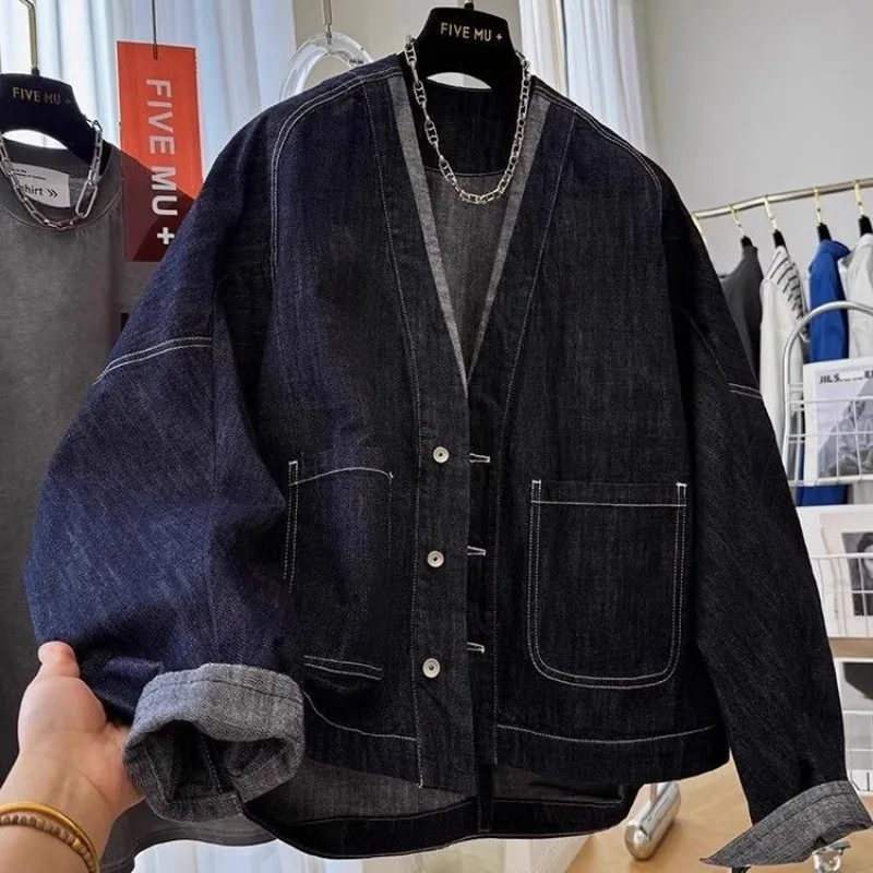 

Trendy Women's High-end Spring Autumn Jeans Jacket Outfit Unique Pretty V-neck Batwing Sleeves Denim Jacket Casual Coats Mujer