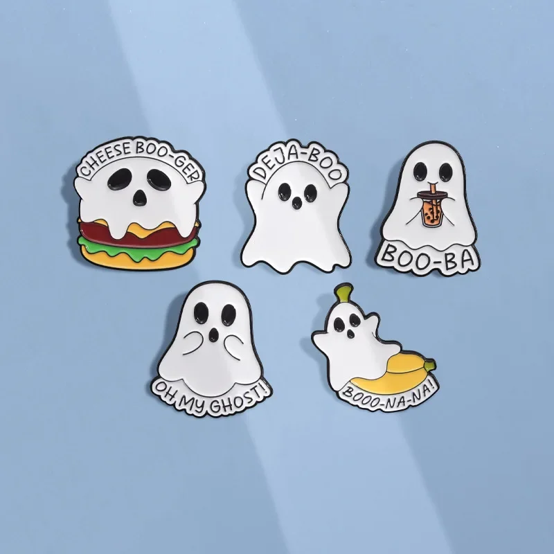 Halloween Cute Ghost Enamel Pins CHEESE BOO-GER Hamburger Milk Tea Brooches Lapel Backpack Badges Funny Jewelry Gift for Friends