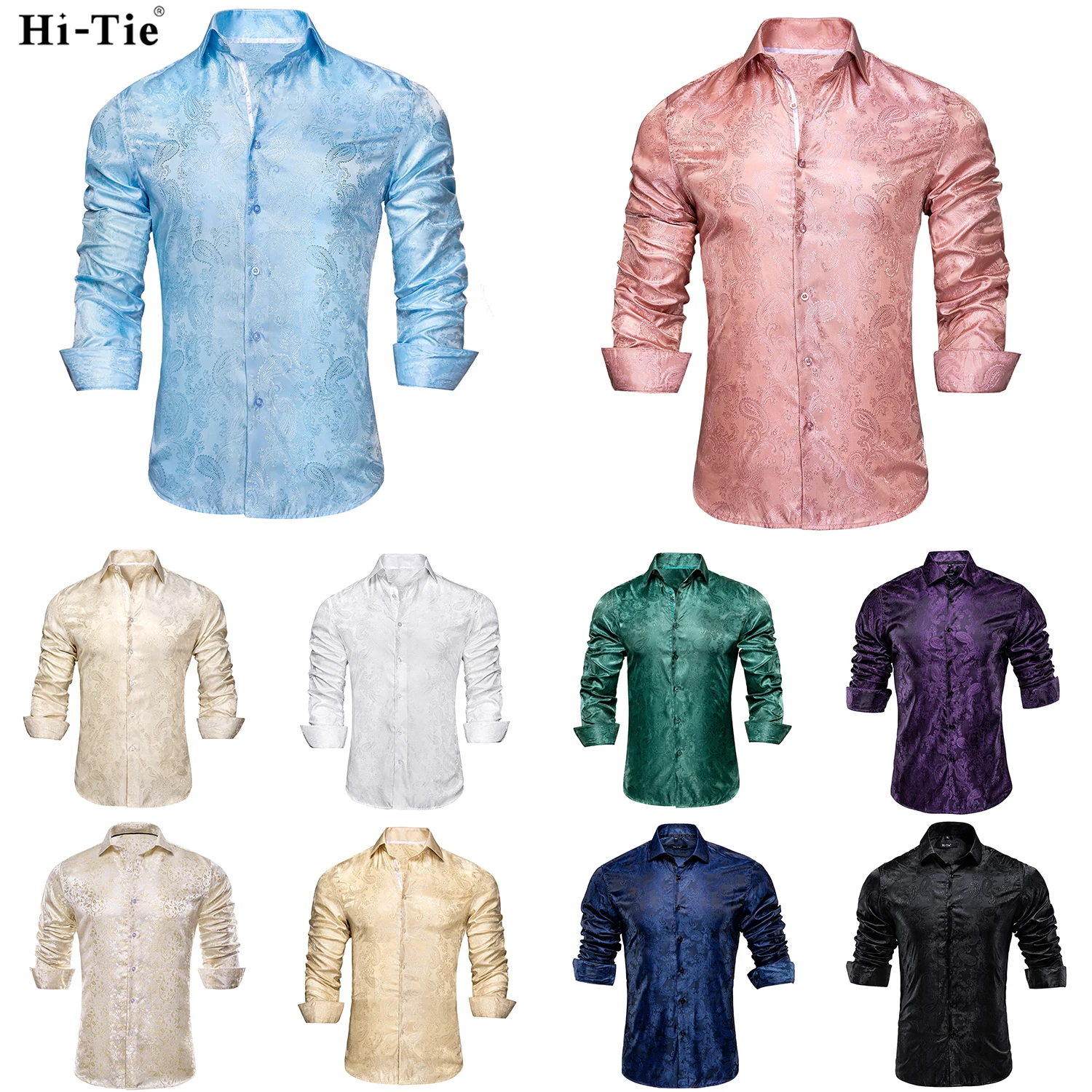 Hi-Tie Jacquard Paisley Light Blue Mens Silk Shirt Long Sleeve Lapel Shirt Blouse Outerwear Wedding Office Breathable Quality