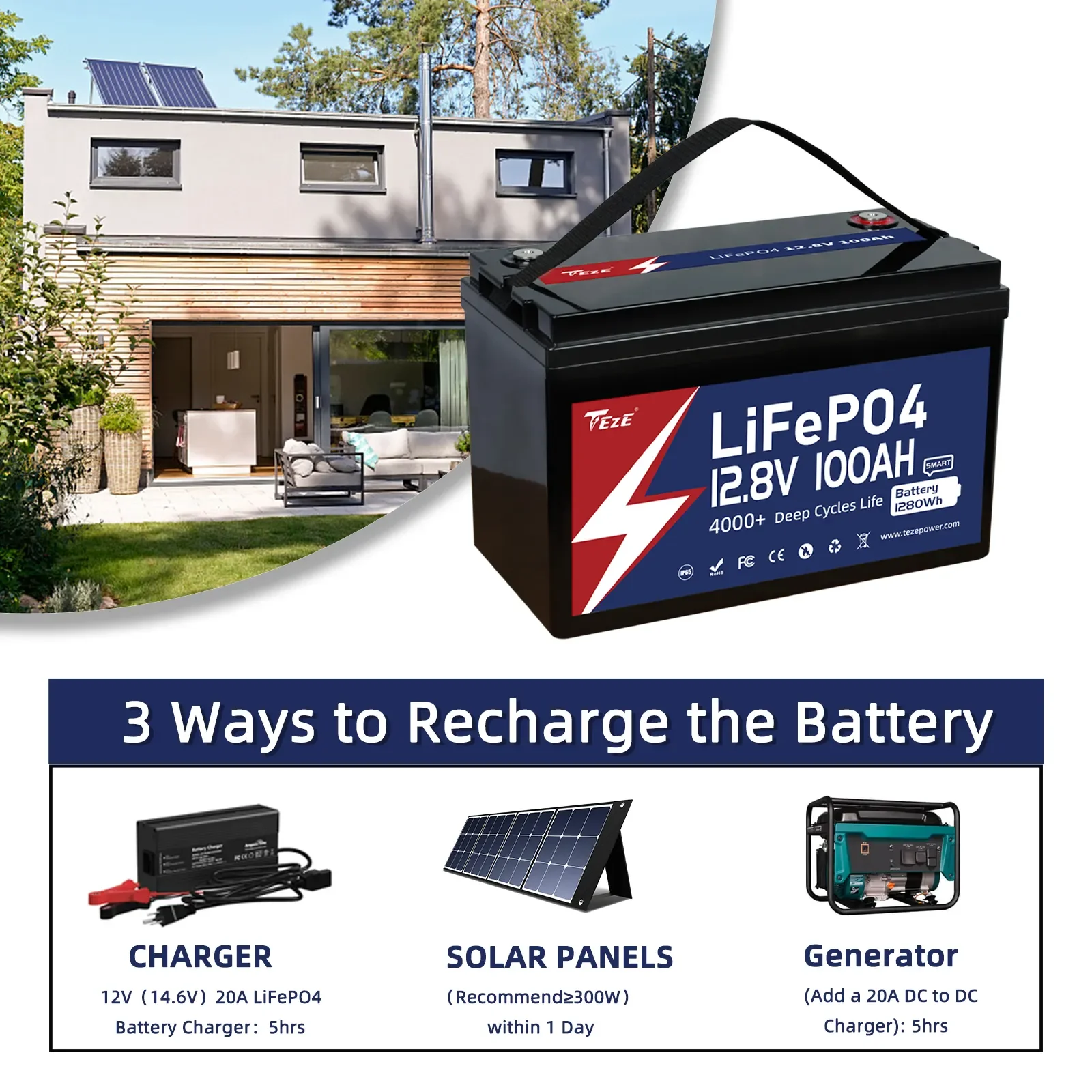 TEZE 12V 100AH LiFePO4 Battery Pack Lithium Iron Phosphate Batteries 6000 Cycle For Solar Boat Home Energy Storage