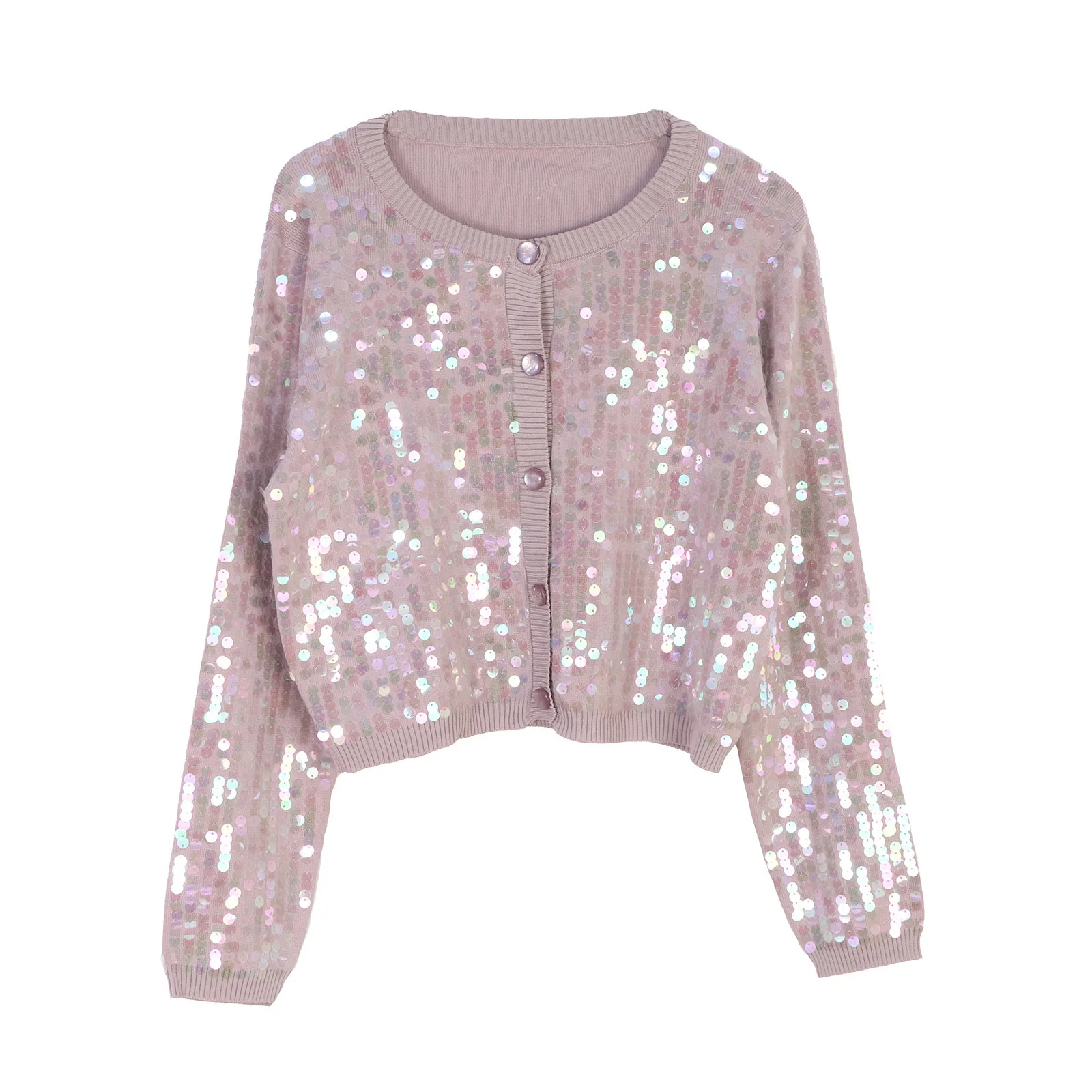 

2025 French Fashion Sequined Knitted Cardigan Spring And Autumn New Round Neck Long Sleeve Knitted Cardigan Women Tops