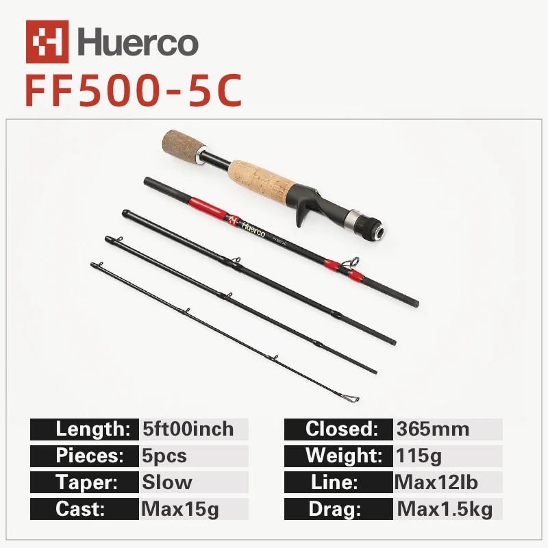 JAPAN HUERCO Fishing Rod 5 SECTIONS Spinning Casting Light 95-180G Glass Material Portable Rod For The Travelling Bass Trout