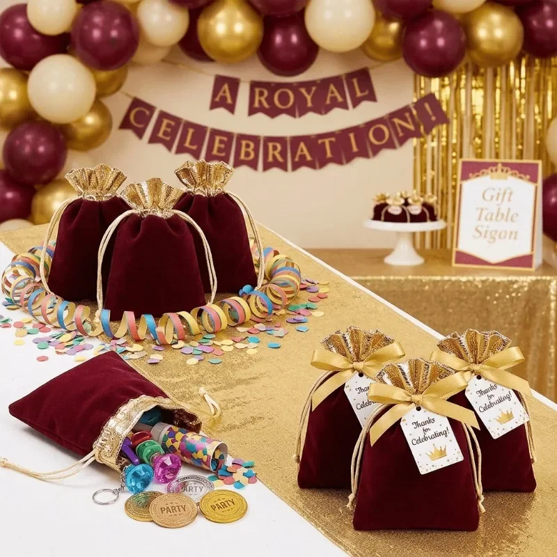 Gifts for Her/Him Pack of 7pcs, Velvet Drawstring Bag, Velvet Jewelry Gift Bag, Burgundy Velvet Bag with Metallic Golden Trim