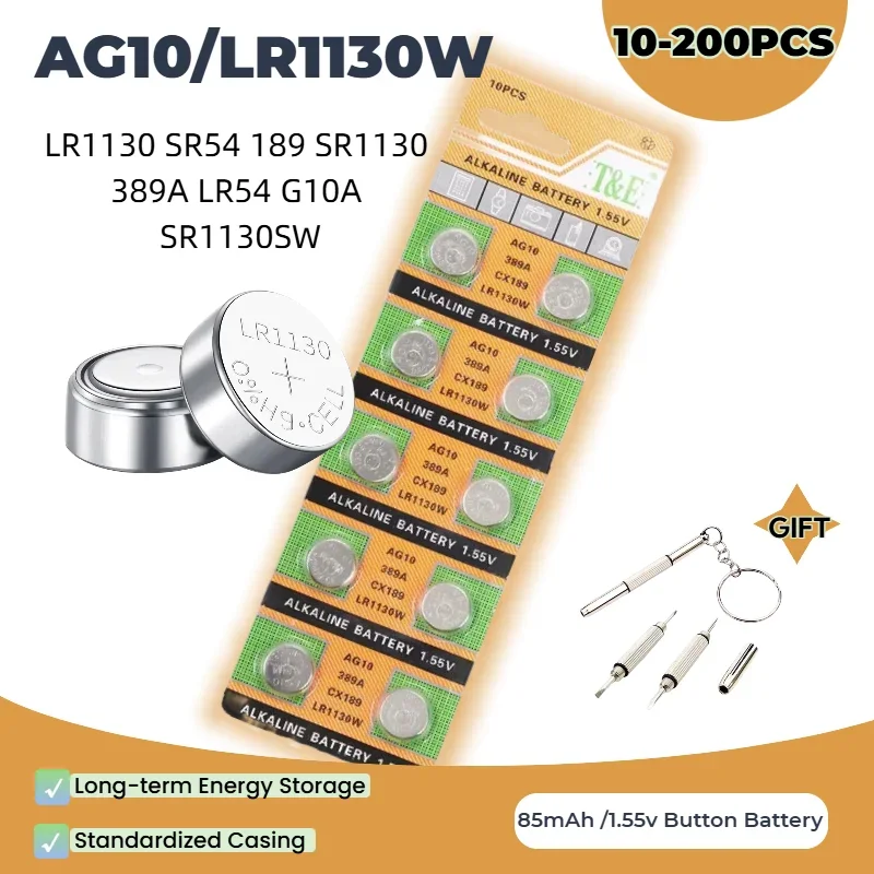 top10-200Pcs AG10 LR1130W Batteries 389A LR54 L1131 SR1130 1.55v High Capacity Button Cell Coin Battery for Watches Calculators
