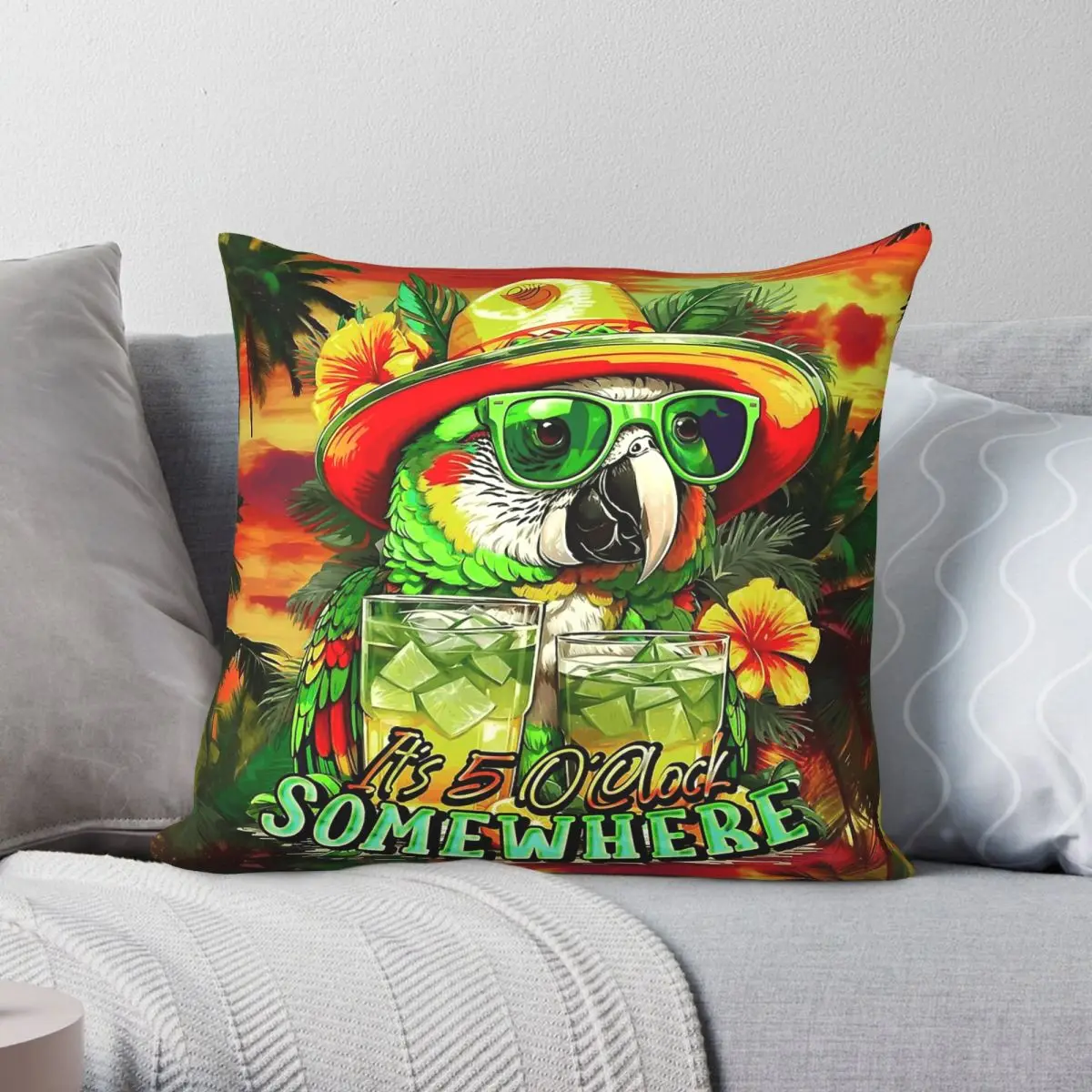 Tropical Parrot Cocktail Sunset Beach Square Pillowcase Polyester Linen Velvet Printed Zip Pillow Case Sofa Cushion Cover 45x45