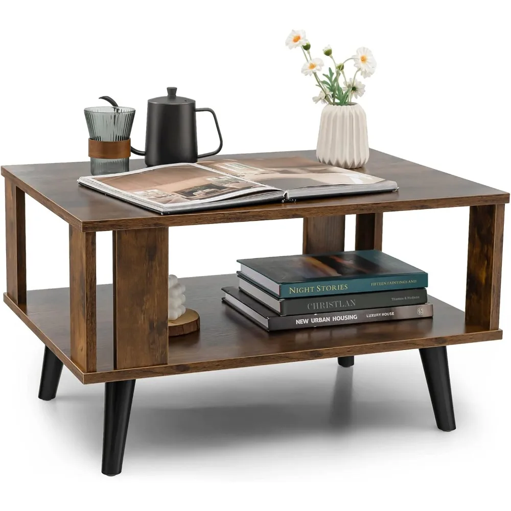 

Small Wood Coffee Table, 2-Tier Tea Table w/Open Storage Shelf & Supportive Legs, Easy Assembly, Mid-Century Center Table for L