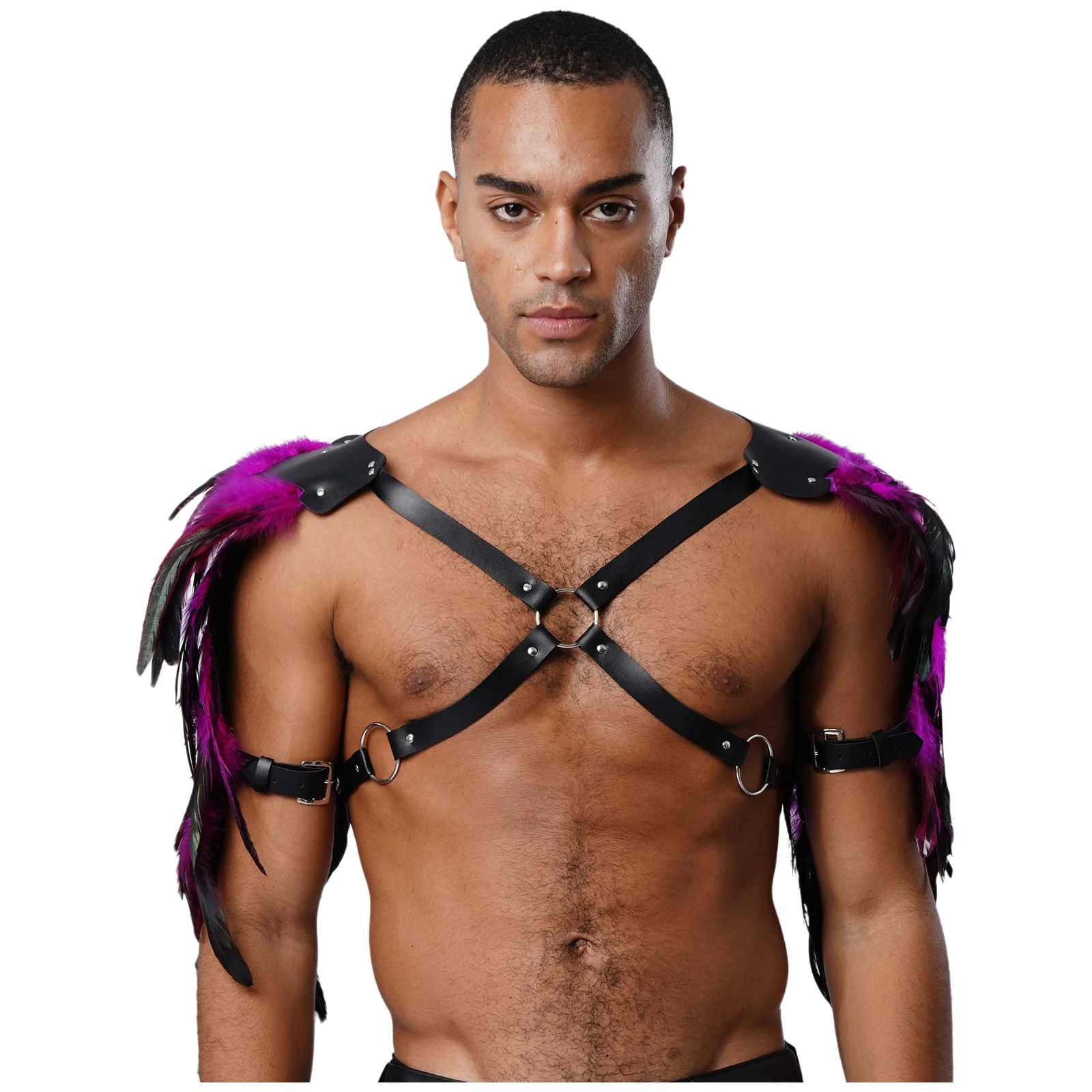 Mens Rivets O-ring Linked Chest Harness Shrugs Shawl Cape Gothic Punk Tops Feather Shoulder Straps Halloween Cosplay Accessory