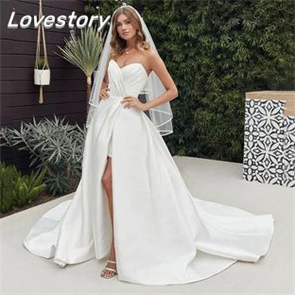 

Simple Elegant Wedding Dresses Sweetheart Bride Robe Backless Bridal Gown Sleeveless Button Pockets Split Front Vestido De Noiva