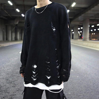Men's Streetwear Hip Hop Black Oversized Knit Sweaters Y2k Unisex Harajuku Wash Hole Ripped Winter Clothes for Women