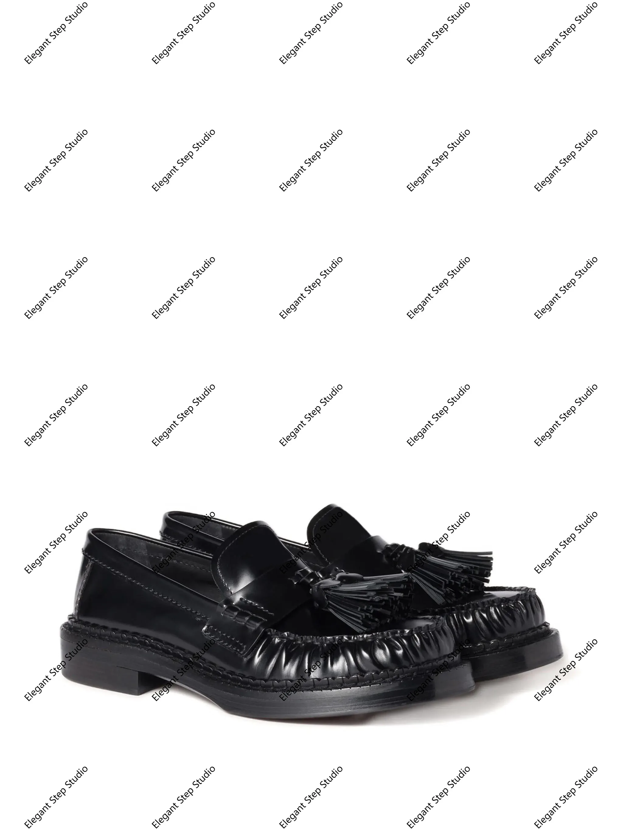 

Women's Shoes Black Tassel Loafers Polished Leather Cowhide