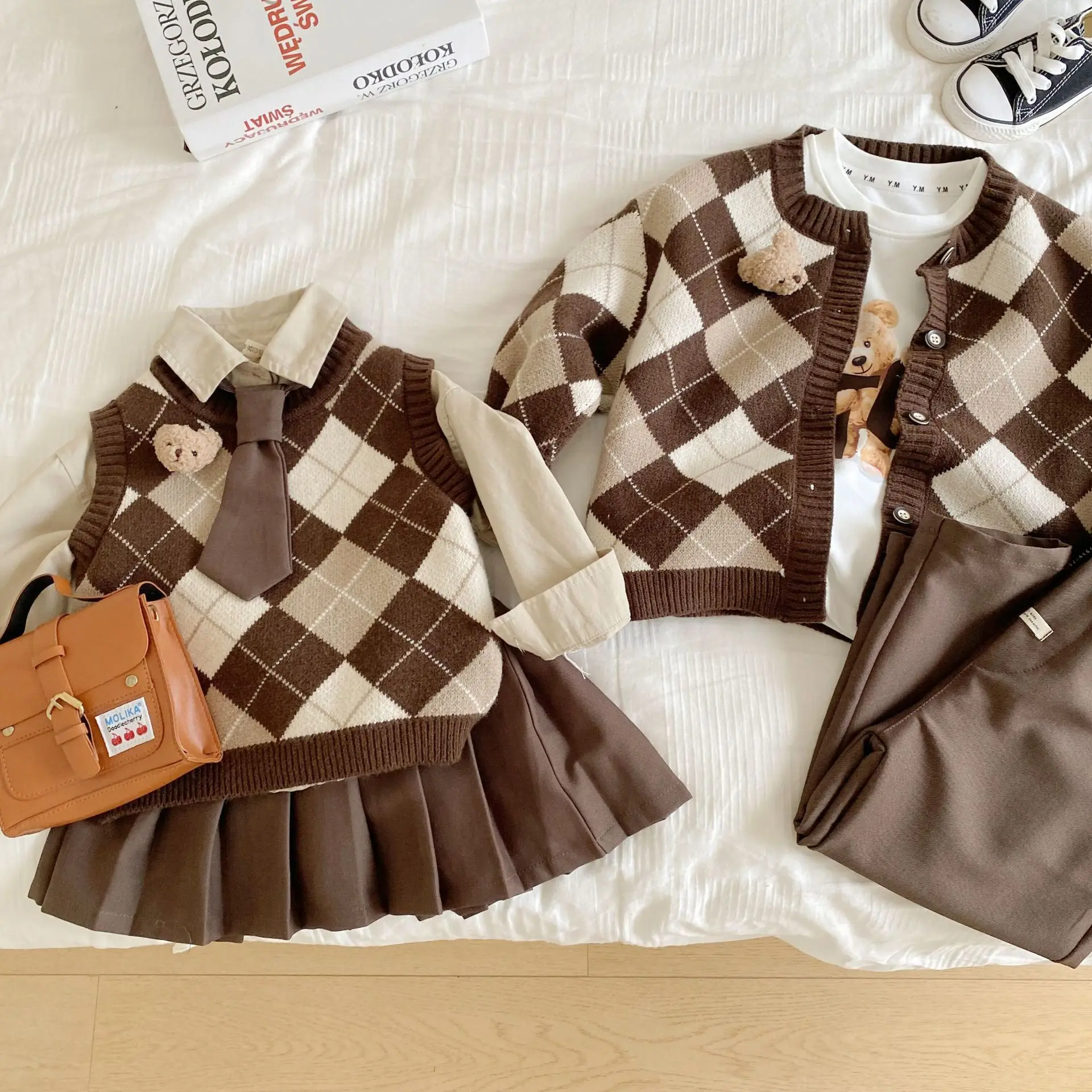 2024 Spring Autumn Infant Sibling Look Clothes Sets Knitted Plaid Vest Cardigan Cotton Undershirt Kid Girl Suit Solid Skirt Pant