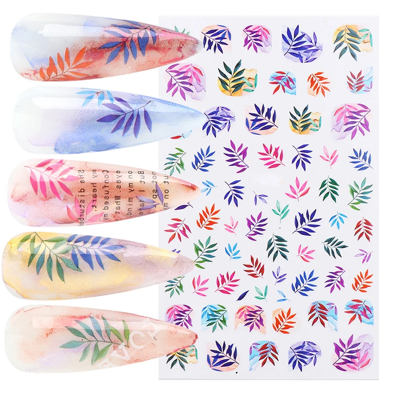Nail Art Decals Watercolor Leafs Summer Colorful Tropical Leaves Adhesive Sliders Nail Stickers Decoration For Nail Tips Beauty