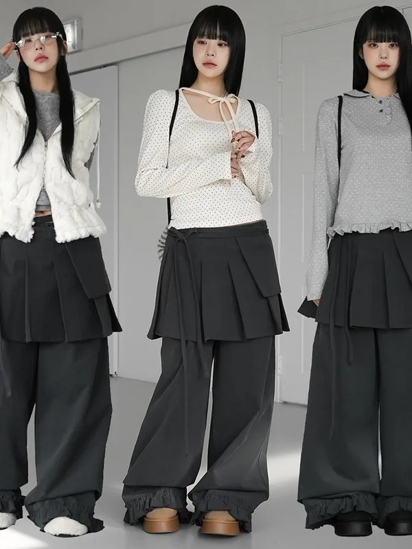 طقم تنورة قصيرة نسائية بتصميم كوري عصري مع حزام وجيوب وطيات وحواف بنمط خشبي لفصل الربيع #5