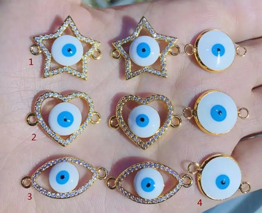 1pcs Evil Eye Connector White Abalone Shell Chips，Clear Blue CZ Micro Pave, Gold Silver Black Space Link for Braclet Necklace