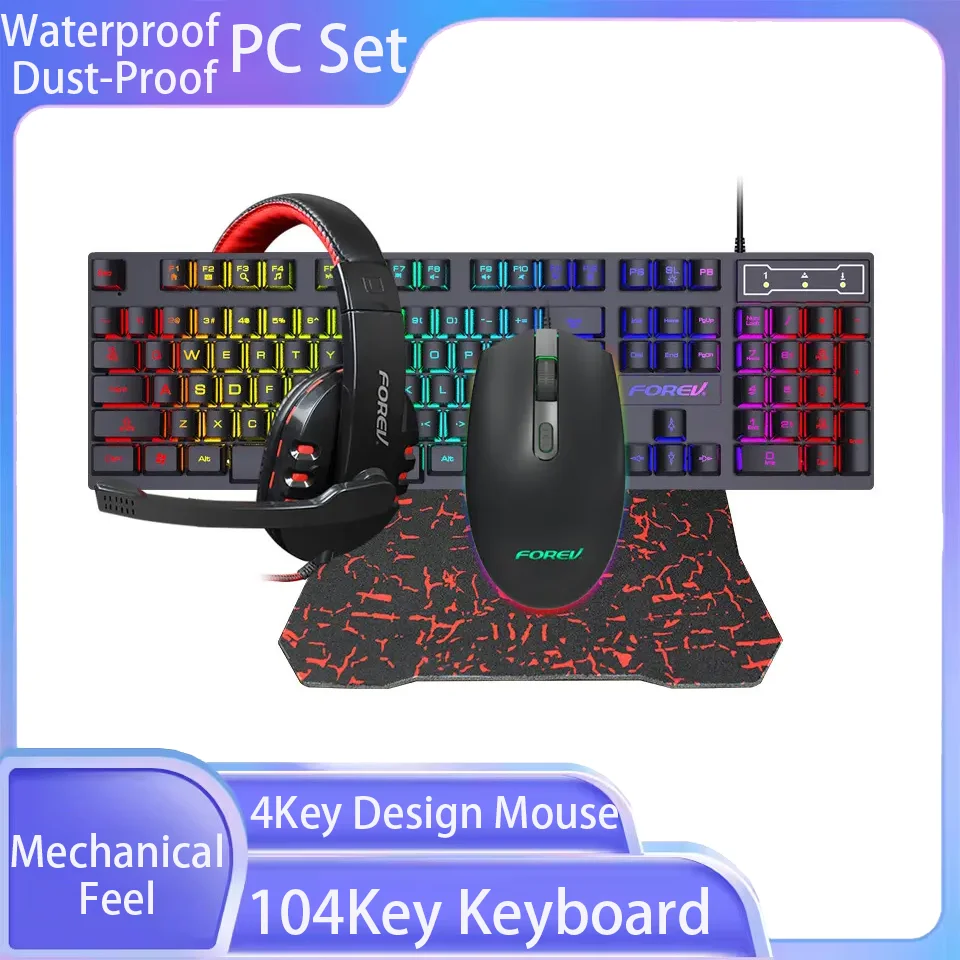 

RGB USB проводная клавиатура, мышь, коврик для наушников, 104 клавишная клавиатура, 4 клавиши, дизайн мыши, механическое ощущение, водонепроницаемый пыленепроницаемый компьютерный набор