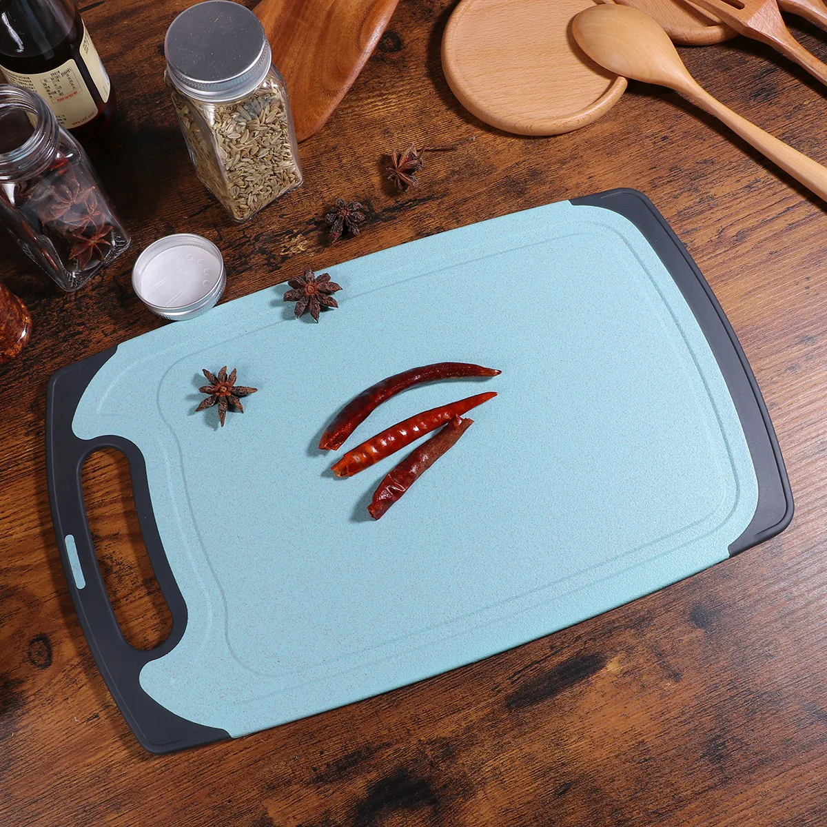

2 pcs Cutting Board Square Wheat Straw Chopping Board Kitchen Anti-Mold Green Healthy Thick Juices Groove Hangable