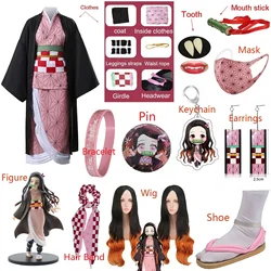 Volwassen Kids Anime Demon Slayer Kamado Nezuko Kostuum Cosplay Oorbellen Figuur Masker Sleutelhanger Schoenen Pruik Tand Vrouw