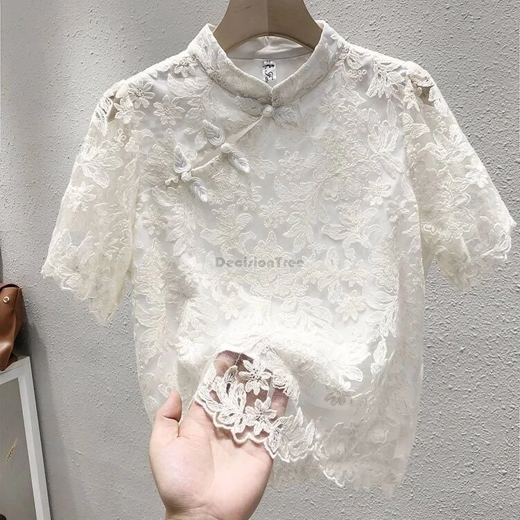 2024 chinese short-sleeved chiffon cheongsam shirt women\'s summer new disc buckle chinese national style lace qipao top w371