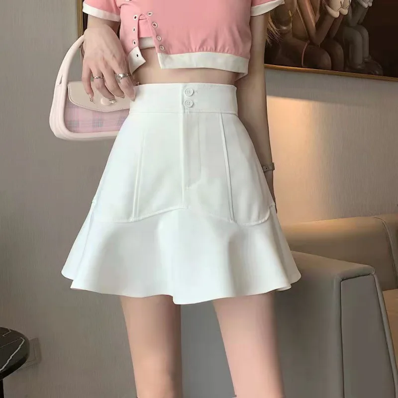 

Sexy Ruffles White Mermaid Women Japan Sweet High Waist Mini Skirt Summer Preppy Style Buttons A Line Casual Black Skirt