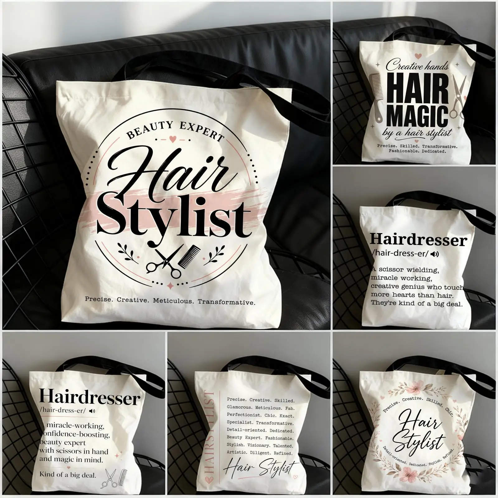 Hairdresser Definition Storage Bags Large Capacity Canvas Tote Bag Double-Sided Print Shoulder Handbag for Daily Shopping