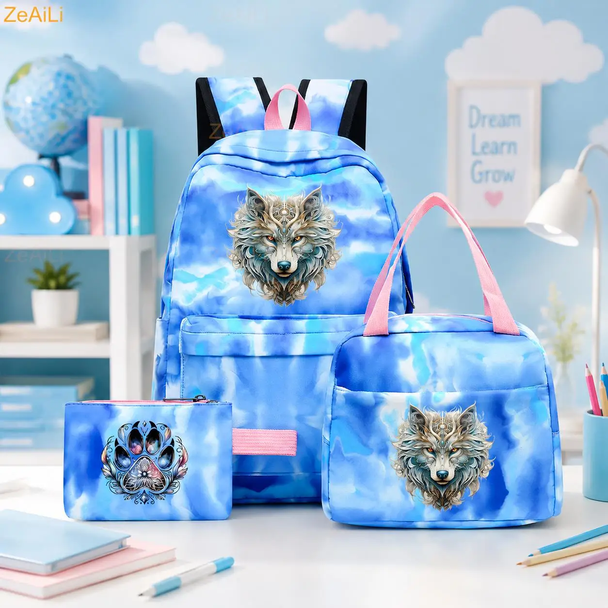 3pcs Retro Wolf Head Paw Colorful Backpack with Lunch Bag for Women Student Teenagers Rucksack Casual School Bags Sets