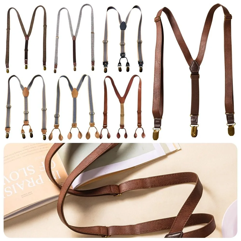 

Retro Design British Style Suspenders Elastic Strap 4 Clips Y-Type Suspenders Brown Color Unisex Style Metal Clip Suspenders