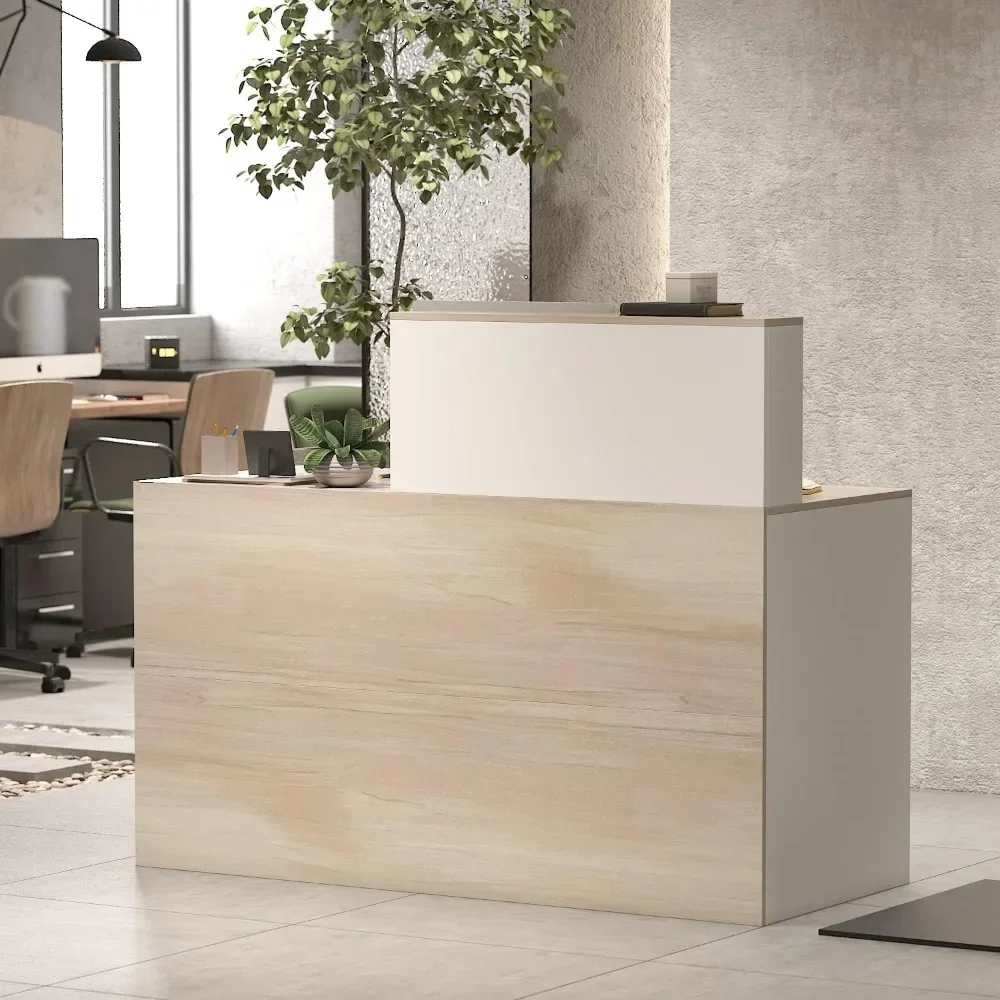 Rectangular Wood Reception Desk See Working Oak Brown Glam Modern Contemporary MDF Finish Cabinet Drawers Shelves