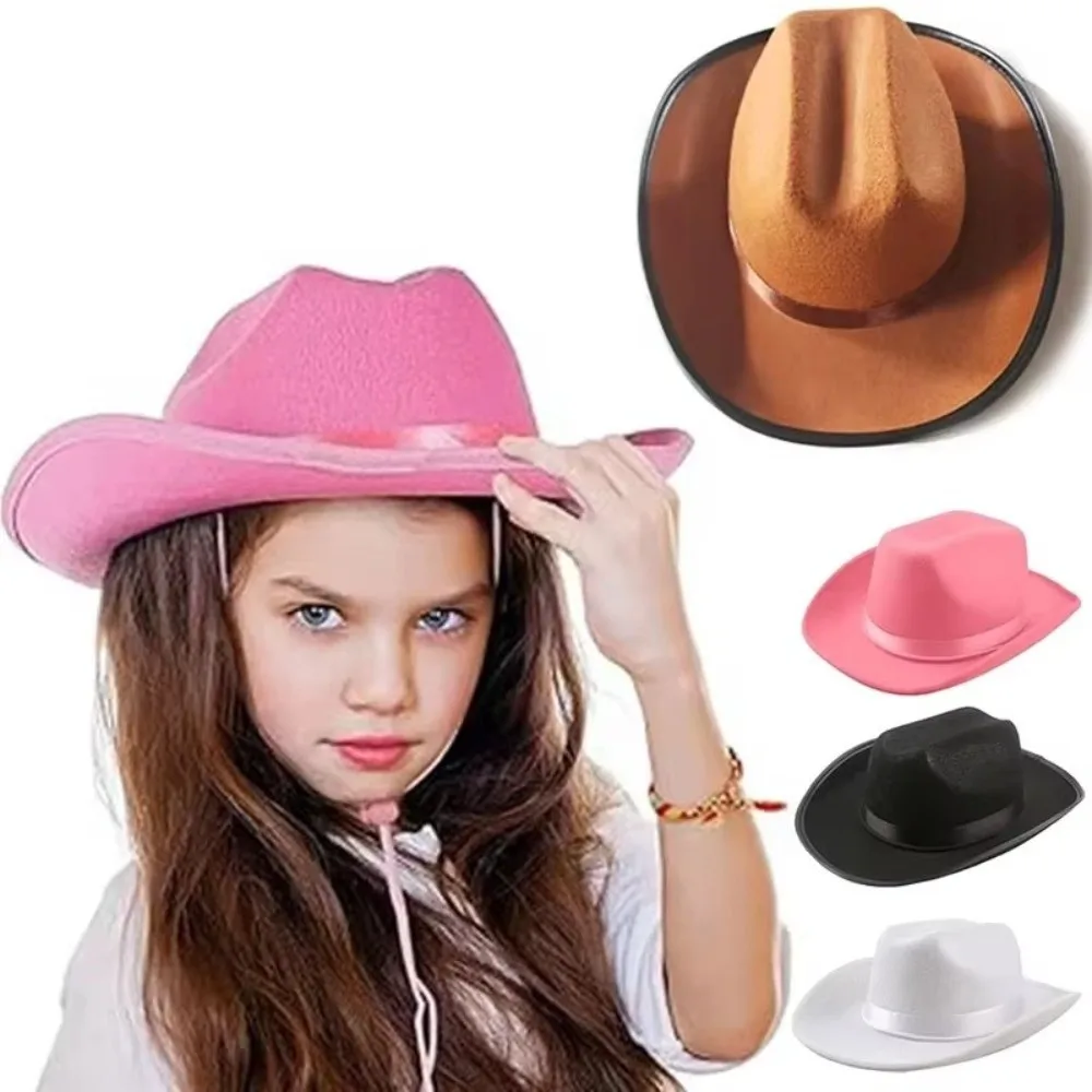 Solid Color Kids Cowboy Hat Non-woven Wide Brim Western Cowgirl Hat with Windproof Rope Breathable