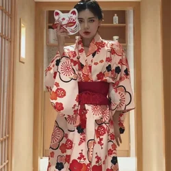 2023 Japanese Kimono Woman with Red Obi Flower Printed Bath Robe Yukata Haori Cosplay Costume Performance Photography Clothes