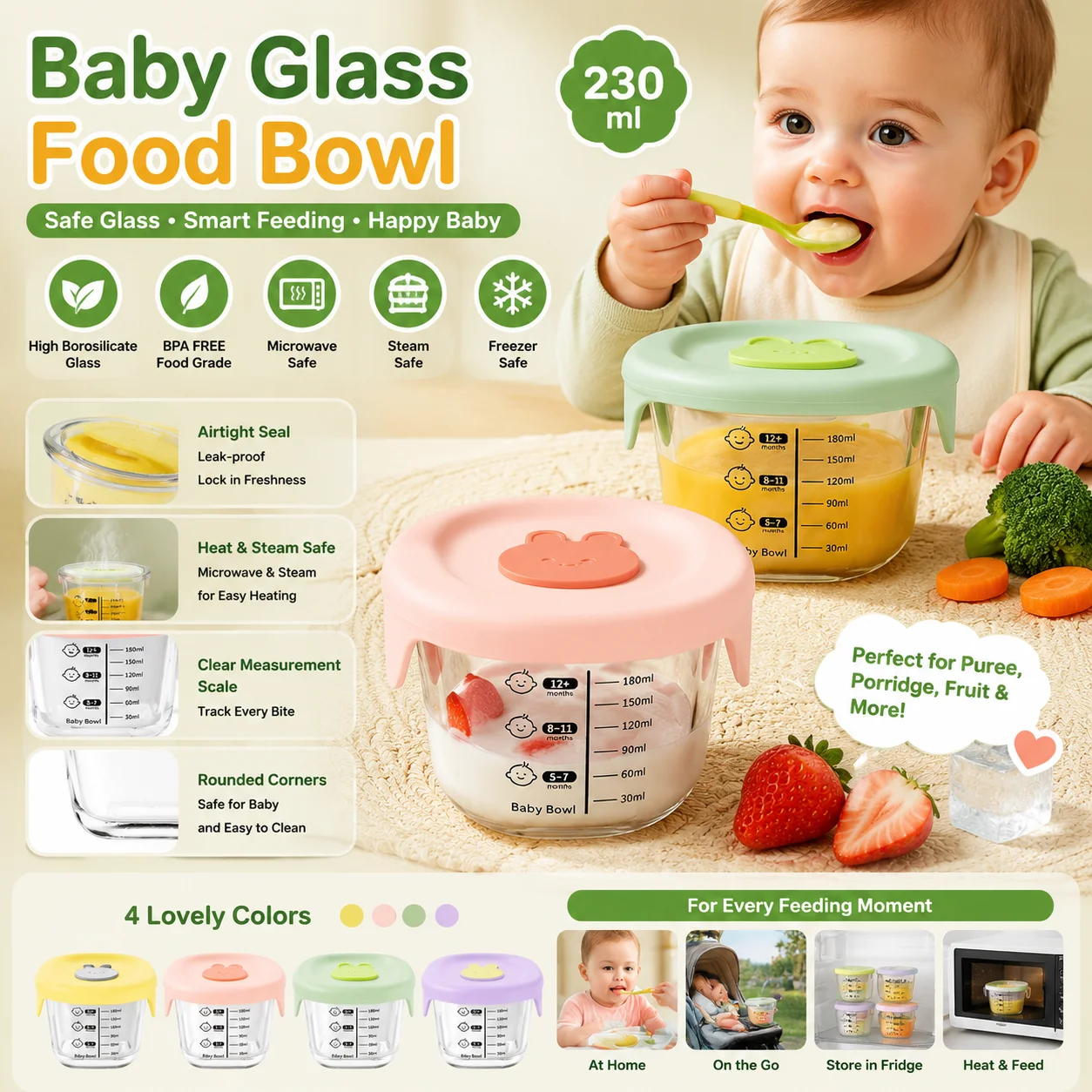 Baby Food Hero - Стеклянная миска без BPA, 230 мл,