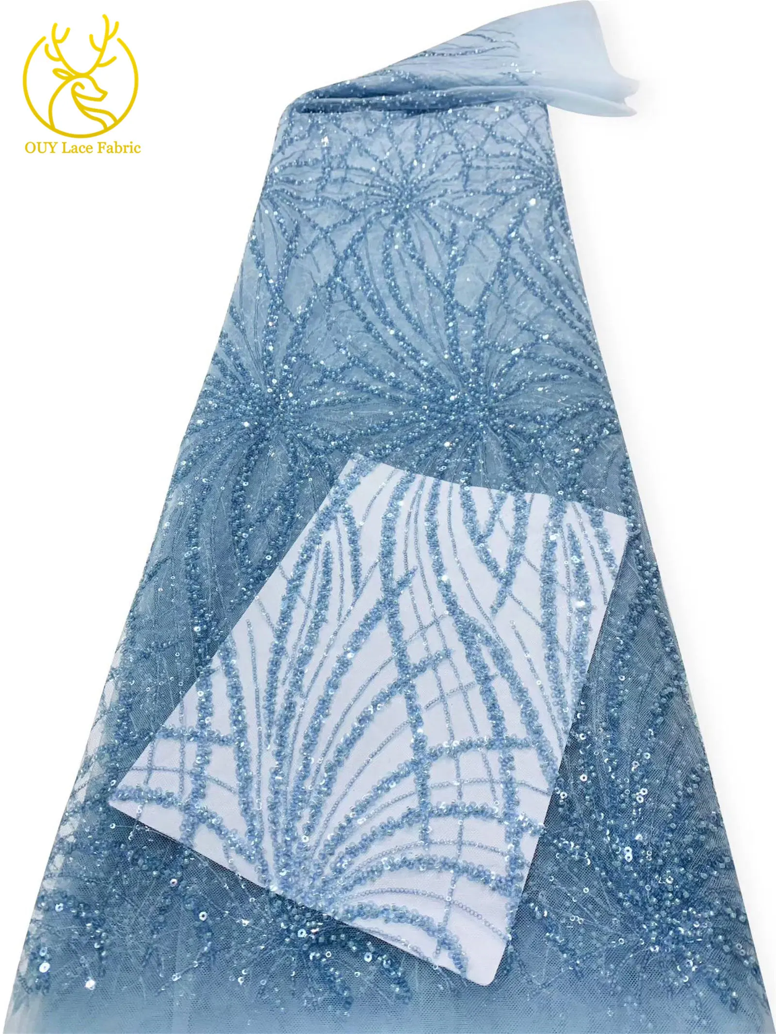 Grüner afrikanischer Perlen-Pailletten-Spitzenstoff, heiß begehrter französischer nigerianischer Tüll-Mesh-Stickerei-Spitzenstoff für Abendkleider – Detail 8
